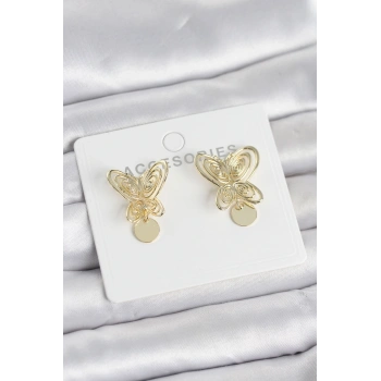 Füsun Küpesi Model Gold Renk Kelebek Model Pirinç Kadın Küpe