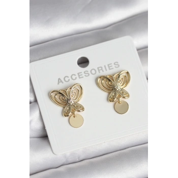 Füsun Küpesi Model Gold Renk Kelebek Model Pirinç Kadın Küpe