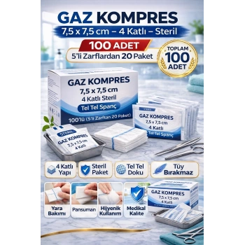 Gaz Kompres 7,5x7,5 cm 4 Katlı Steril 100 Adet Tel Tel Spanç (5’li Zarflardan 20 Paket)1 KUTU