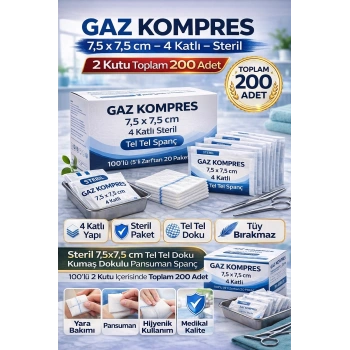 Gaz Kompres 7,5x7,5 cm 4 Katlı Steril 200 Adet Tel Tel Spanç Pansuman Bezi (2KUTU)