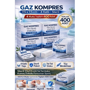 Gaz Kompres 7,5x7,5 cm 4 Katlı Steril 400 Adet Tel Tel Spanç Pansuman Bezi(4KUTU)