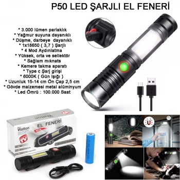 Geniş Açılı P50 Led Şarjlı EL Feneri Watton Wt-601
