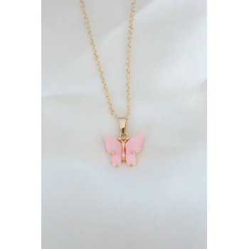 Gold Kaplama Pembe Sedefli Kelebek Kolye