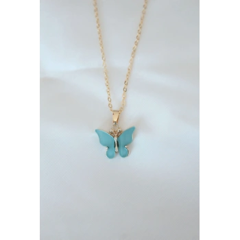 Gold Kaplama Turkuaz Renk Sedefli Kelebek Kolye