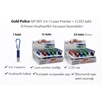Gold Police GP-001 3 in 1 Laser Pointer + 2 LED Işıklı El Feneri Anahtarlıklı 1 Adet
