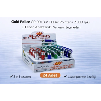 Gold Police GP-001 3 in 1 Laser Pointer + 2 LED Işıklı El Feneri Anahtarlıklı 24 Adet