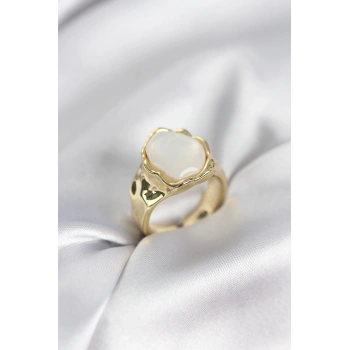 Gold Renk Beyaz Taşlı Vintage Kadın Yüzük