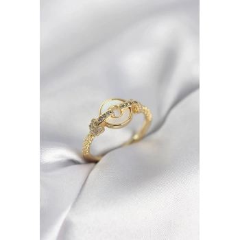 Gold Renk Daire Form Sedef ve Zirkon Taşlı Kadın Yüzük