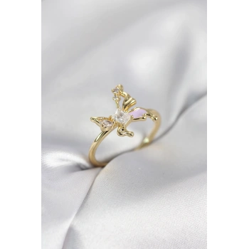 Gold Renk Kelebek Model Zirkon Taşlı Kadın Yüzük