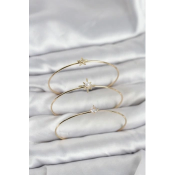 Gold Renk Kutup Yıldızı Model Zirkon Taşlı 3lü Kadın Bileklik Kombini