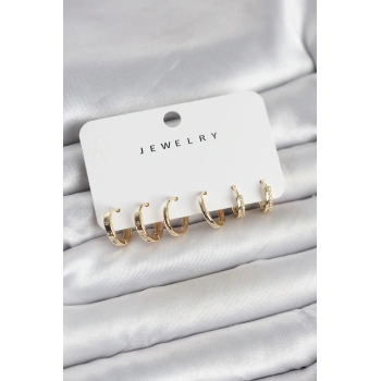 Gold Renk Pirinç 3 Çift Kadın Küpe Seti