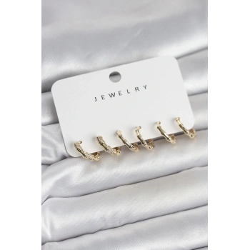 Gold Renk Pirinç Kemik Model 3 Çift Kadın Küpe Seti