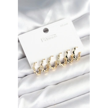 Gold Renk Pirinç Zikzak Model 925 Ayar Gümüş Çivili Kadın Küpe Seti