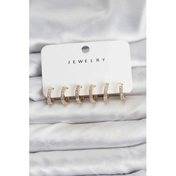 Gold Renk Pirinç Zirkon Taşlı Halka Kadın Küpe Seti