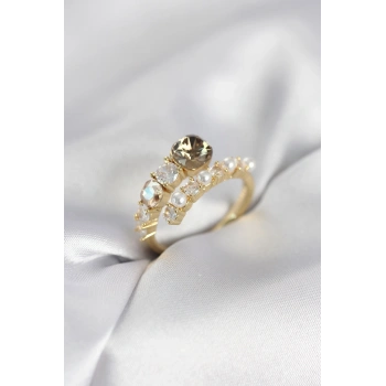 Gold Renk Pirinç Zirkon Taşlı İncili Kadın Yüzük