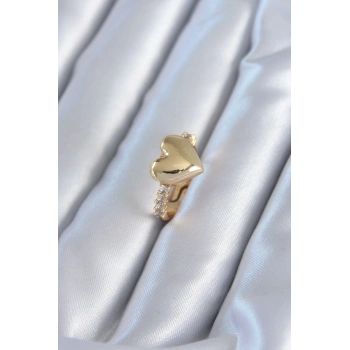 Gold Renk Pirinç Zirkon Taşlı Kalp Model Kadın Yüzük