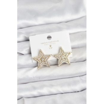 Gold Renk Pirinç Zirkon Taşlı Yıldız Model Kadın Küpe