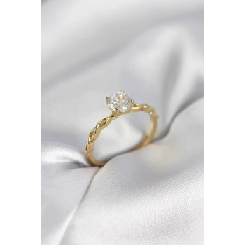 Gold Renk Sarmal Zincir Model Tek Taş Model Zirkon Taşlı Kadın Yüzük