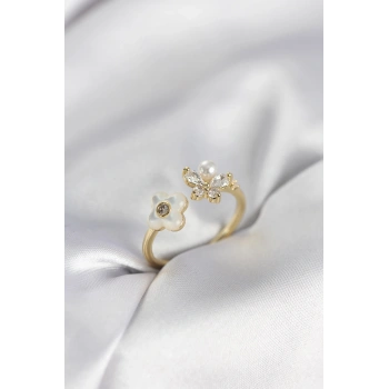 Gold Renk Sedefli Çiçek Model Kadın Yüzük