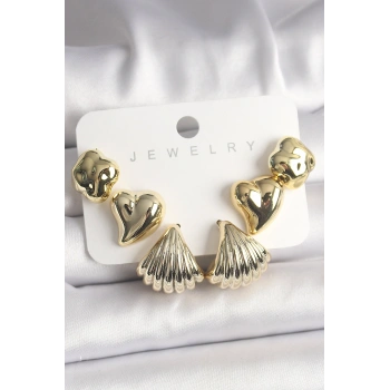 Gold Renk Yonca Kalp Deniz Kabuğu Figür CCB Kadın Küpe Seti