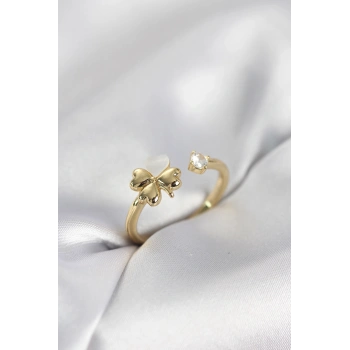 Gold Renk Yonca Model Sedefli Kadın Yüzük