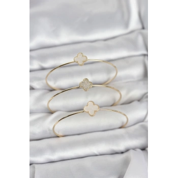 Gold Renk Yonca Model Zirkon Taşlı 3lü Kadın Bileklik Kombini