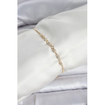 Gold Renk Zincir Model Zirkon Taşlı Pirinç Asansörlü Kadın Bileklik