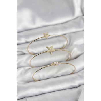 Gold Renk Zirkon Taşlı Deniz Yıldızı Model 3lü Kadın Bileklik Kombini