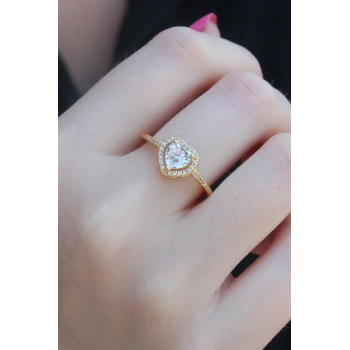 Gold Renk Zirkon Taşlı Kalp Model Charm Pirinç Kadın Yüzük