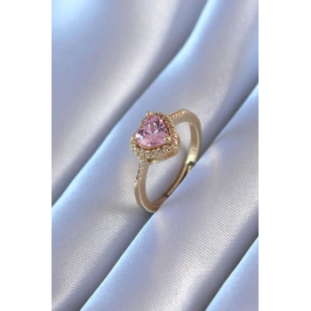 Gold Renk Zirkon Taşlı Kalp Model Pirinç Charm Kadın Yüzük