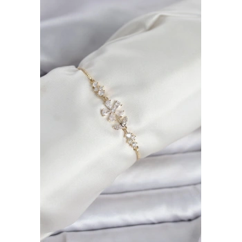 Gold Renk Zirkon Taşlı Papatya Model Asansörlü Kadın Bileklik