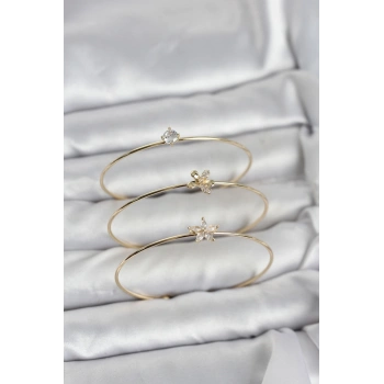 Gold Renk Zirkon Taşlı Pirinç 3lü Kadın Bileklik Kombini