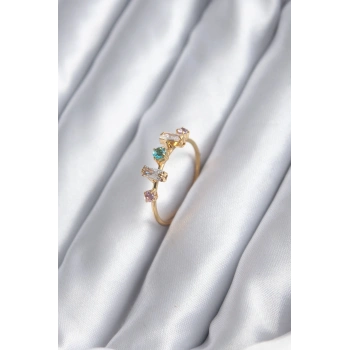 Gold Renk Zirkon Taşlı Renkli Zirkon Taşlı Kadın Yüzük