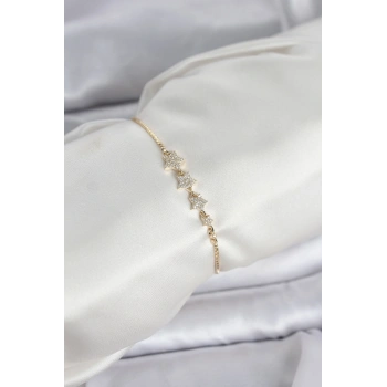 Gold Renk Zirkon Taşlı Yıldız Model Asansörlü Kadın Bileklik