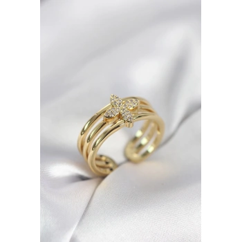 Gold Renk Zirkon Taşlı Yonca Model Kadın Yüzük