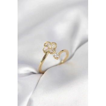 Gold Renk Zirkon Taşlı Yonca Model Kadın Yüzük