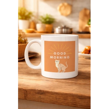 Good Morning Kedi Desenli Porselen Kupa MODEL 72 – Sevimli Kedi Figürlü, Kahve & Çay Kupası, Hediyelik Porselen Bardak