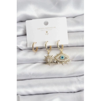 Göz Model Gold Renk Pirinç 3lü Kadın Küpe Seti