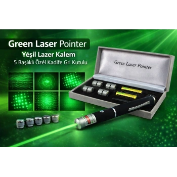 Green Laser Pointer Yeşil Lazer Kalem 5 Başlıklı Özel Kadife Gri Kutulu