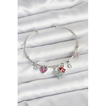 Gül Charmlı Gümüş Renk Pirinç Kadın Bileklik