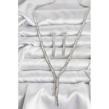 Gümüş Renk Baget Zirkon Taşlı Kadın Kolye Küpe Set