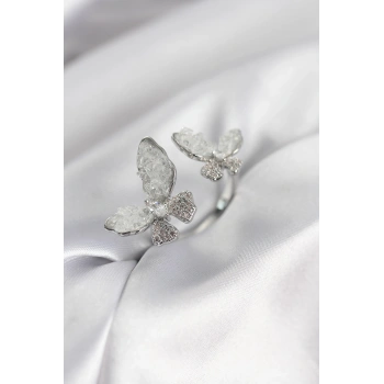Gümüş Renk Beyaz Kelebek Model Zirkon Taşlı Kadın Yüzük