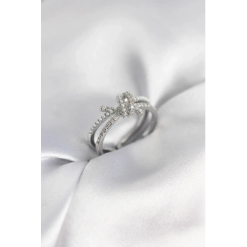 Gümüş Renk İncili Zirkon Taşlı Düğüm Kadın Yüzük