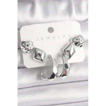 Gümüş Renk Kalp Halka Figür CCB Plastik Kadın Küpe Seti