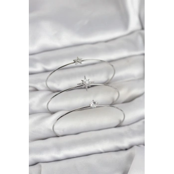 Gümüş Renk Kutup Yıldızı Model Zirkon Taşlı 3lü Kadın Bileklik Kombini