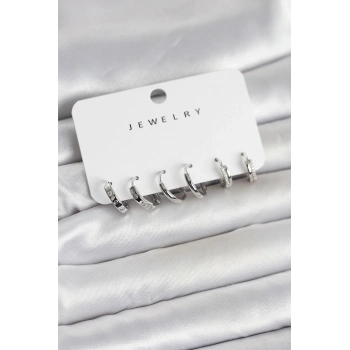 Gümüş Renk Pirinç 3 Çift Kadın Küpe Seti