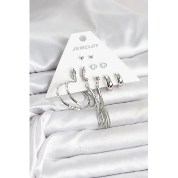 Gümüş Renk Pirinç 6 Çiftli Kadın Küpe Seti