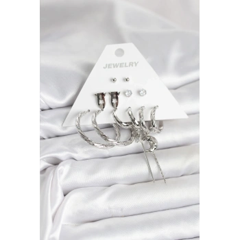 Gümüş Renk Pirinç 6lı Kadın Küpe Seti