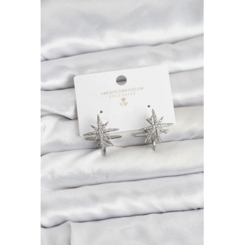 Gümüş Renk Pirinç Çift Taraflı Kutup Yıldızı Kadın Küpe