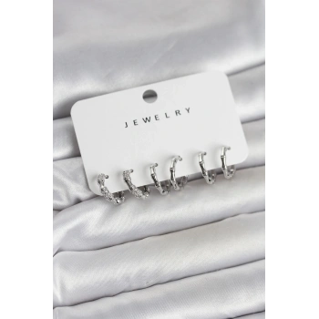 Gümüş Renk Pirinç Kemik Model 3 Çift Kadın Küpe Seti